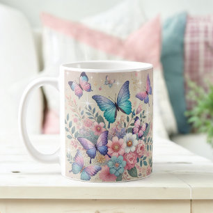 Taza De Café Mariposas Pastel y Deplante Floral Purpurina