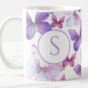 Taza De Café Mariposas rosadas y moradas con monograma personal