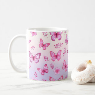 Taza De Café Mariposas rosadas y patrón de flores