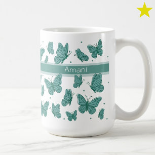 Taza De Café Mariposas Verde Azul y Lunares Monograma Nombre Pe