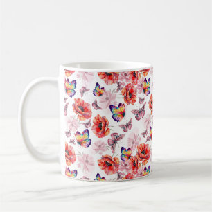 Taza De Café Mariposas y flores de amapola