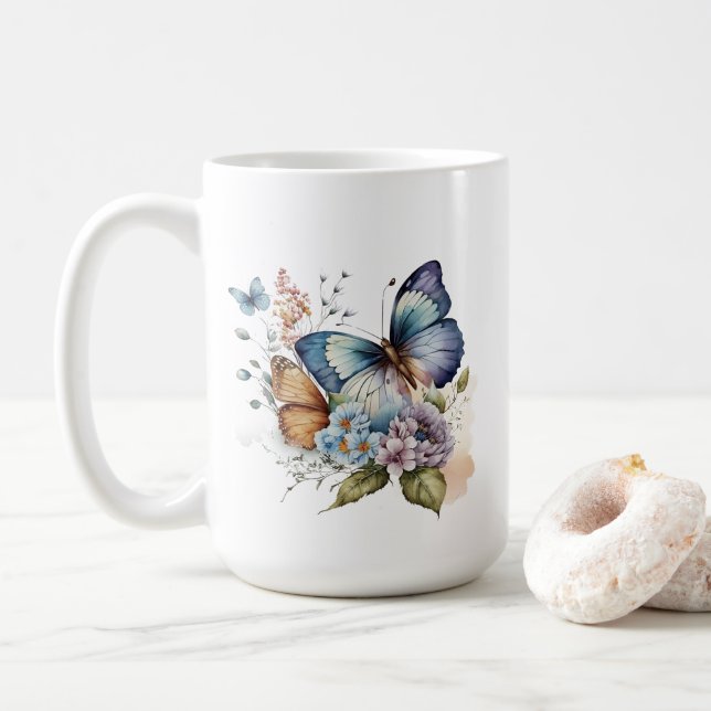 Taza De Café Mariposas y flores florales (Con donut)