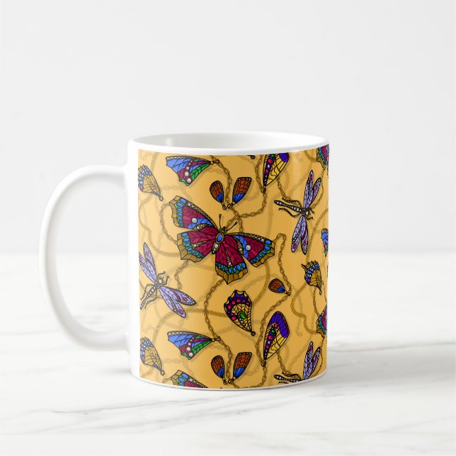 Taza De Café Mariposas y libélulas de joyas en amarillo (Izquierda)