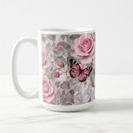 Taza De Café Mariposas y Rosas de color rosa pálido