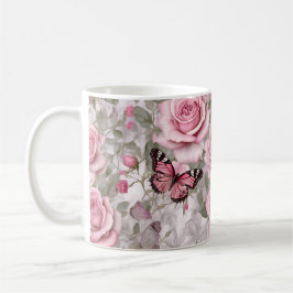 Taza De Café Mariposas y Rosas de color rosa pálido
