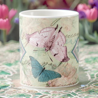 Taza De Café Mariposas y Rosas rosas y azules con monograma