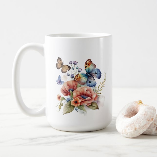 Taza De Café Mariposas y vegetación de flores (Con donut)