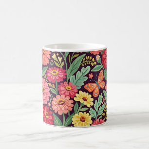 Taza de café mariposas zinnias coloridas abstracta