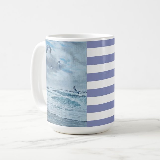 Taza De Café Marítimo/playa/gaviotas/olas/rayas de la costa del (Anverso izquierdo)