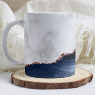 Taza De Café Mármol Blanco Agata Azul Marino Rosa Dorado Brilla