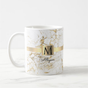 Taza De Café Mármol blanco y dorado, nombre del guión y monogra