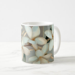 Taza De Café Mármol de Línea Dorada Floral de Magnolia Blanca