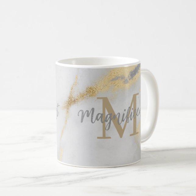 Taza De Café Mármol dorado y gris con monograma (Anverso derecho)