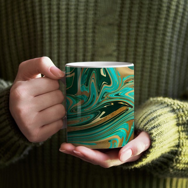 Taza De Café Mármol líquido verde y dorado (Emerald Green and Gold Paint Pour Mug)