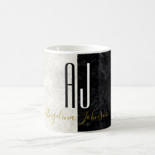 Taza De Café Mármol Negro y Blanco Iniciales Sencillas Monogram