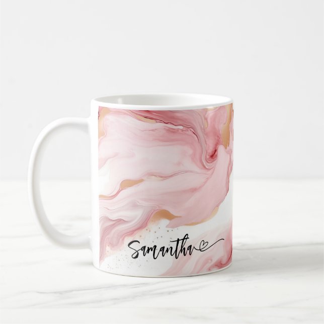 Taza De Café Mármol rosado personalizado fluyendo nombre con co (Izquierda)