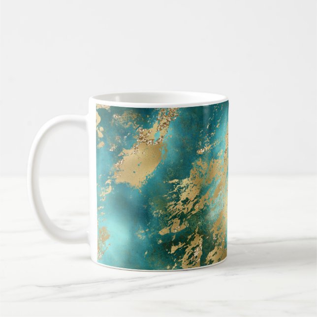 Taza De Café Mármol Verde Turquesa Dorado  (Izquierda)