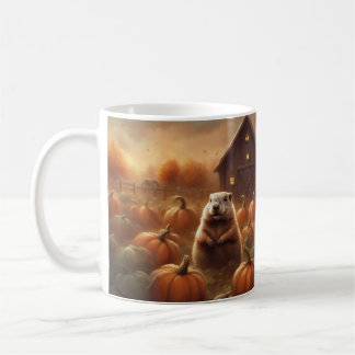 Taza De Café Marmota de tierra parada en un parche de calabazas