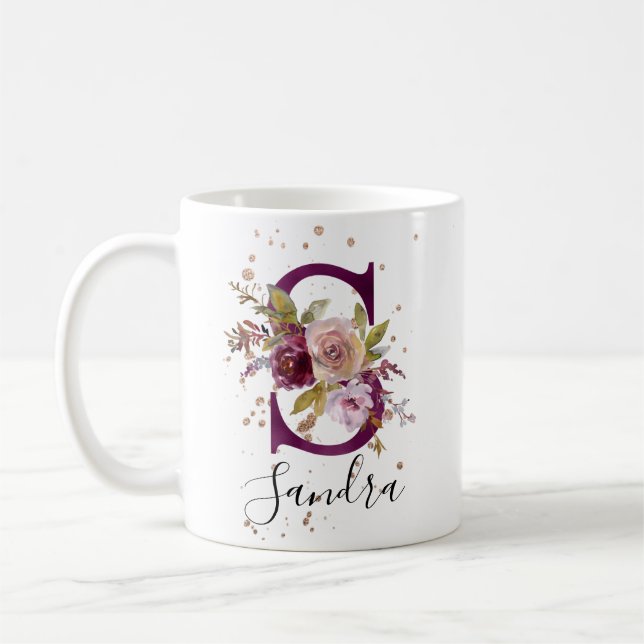 Taza De Café Maroon floral Rubor Añadir nombre letra S Monogram (Izquierda)