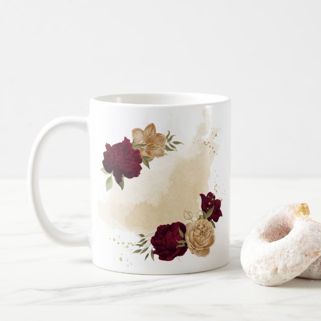 Taza De Café Marrón verde beige dorado botánico (Con donut)