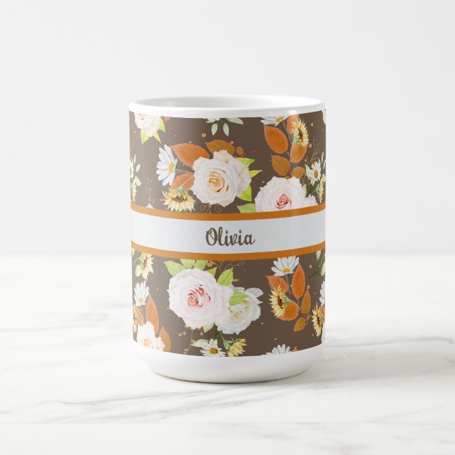 Taza De Café Marrón y floral, Rosa, margarita personalizada (Centro)