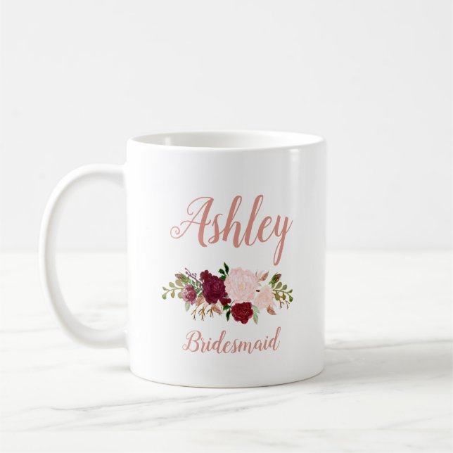 Taza De Café Marsala floral rosa personalizada Bridesmaid (Izquierda)
