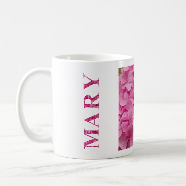 Taza De Café Mary, Letras Florales De Hidrangea Rosa Personaliz (Izquierda)