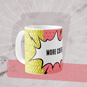 Taza De Café ¡Más Café! Patrón de arte doodle amarillo rosa cóm
