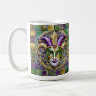Taza De Café Máscara de Jester Mardi Gras verde dorado