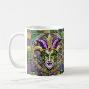 Taza De Café Máscara de Jester Mardi Gras verde dorado