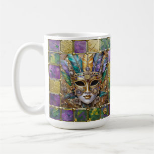 Taza De Café Máscara de plumas de colores cerámicos y oro Mardi