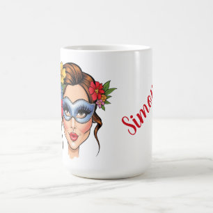 Taza De Café Máscara Veneciana Elegante Mujer con Corona Floral