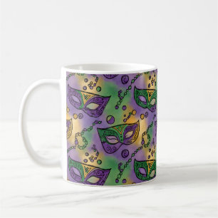 Taza De Café Máscaras y Cuentas de Mardi Gras Morado Verde Amar