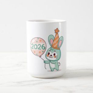 Taza De Café Mascota de conejo Chibi Kawaii sosteniendo globos