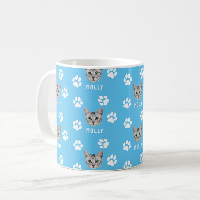 Taza De Café Mascota de gato personalizado, foto y nombre azul (Anverso izquierdo)