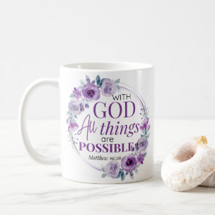 Taza De Café Mateo 19:26 Posible con Dios Floral Púrpura