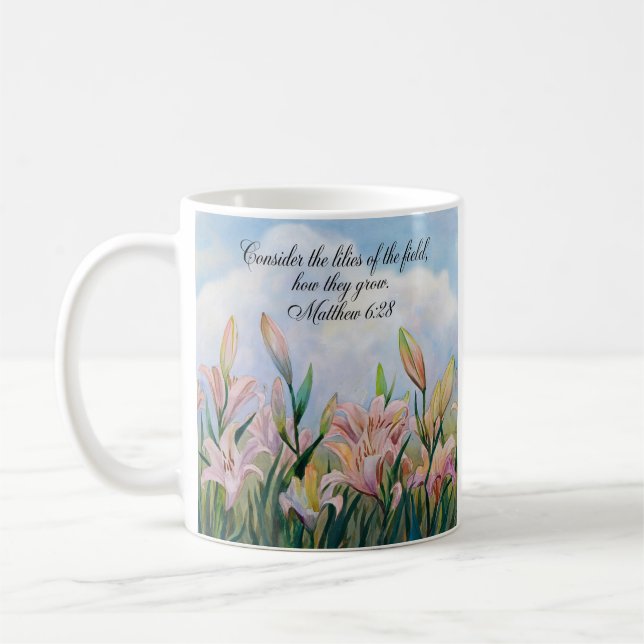 Taza De Café Mateo 6:28 Lilies acuarela (Izquierda)