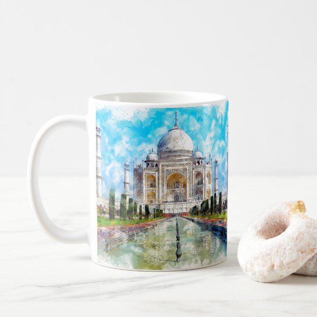 Taza De Café Mausoleo de mármol Taj mahal, pintura acuarela (Con donut)