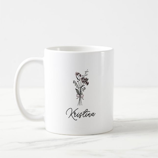 Taza De Café Mayo de las flores de nacimiento y nombre de guión (Izquierda)