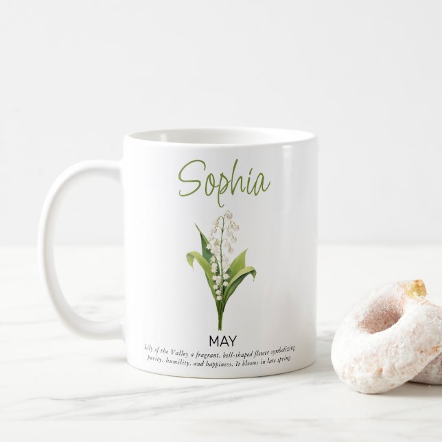 Taza De Café Mayo Flor de Nacimiento Personalizada (Con donut)