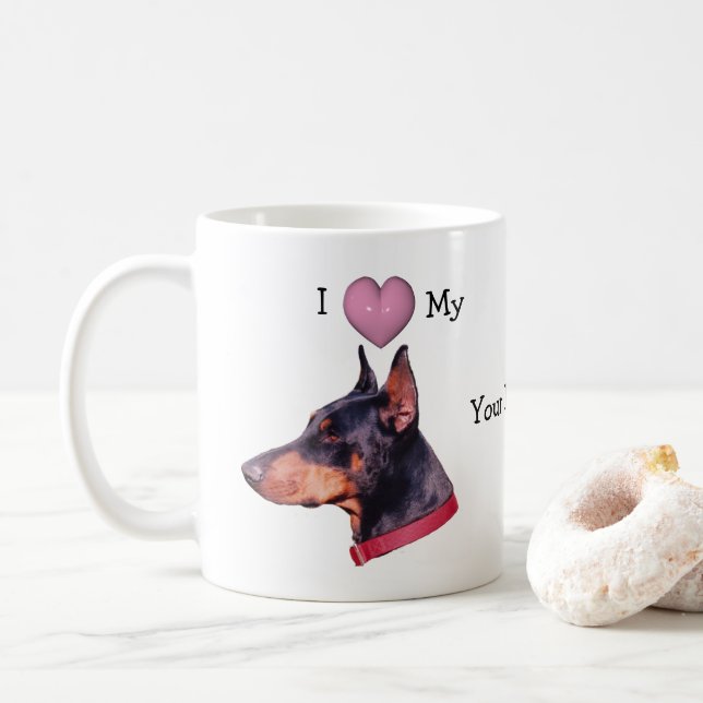 Taza De Café Me encanta mi doberman personalizado (Con donut)