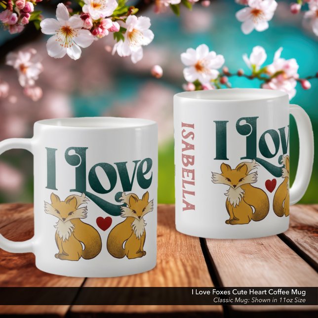 Taza De Café Me encantan los zorros. ("I Love Foxes" Personalized Coffee Mug with Whimsical Hand Drawn Fox Artwork.
)