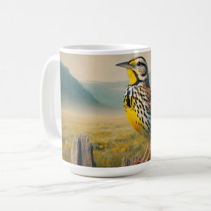 Taza De Café Meadowlark oriental encaramado en una valla rústic