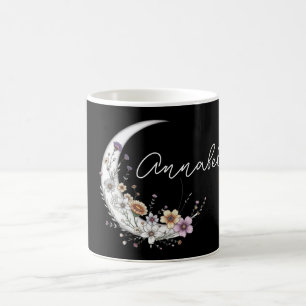Taza De Café Media Luna Floral Nombre Personalizado en Negro