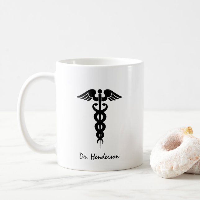 Taza De Café Médica blanco negro Caduceo personalizado (Con donut)
