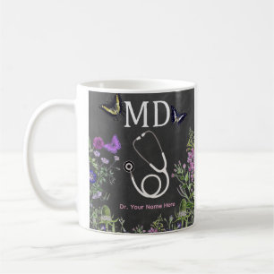 Taza De Café Médico MD Estetoscopio Floral Personalizado