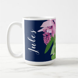 Taza De Café Medinilla tropical Flor rosa con nombre azul oscur