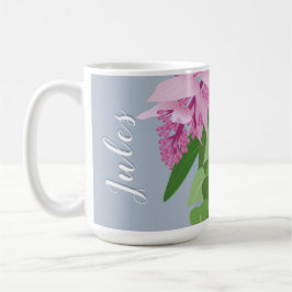 Taza De Café Medinilla tropical Flor rosa en azul Añadir nombre
