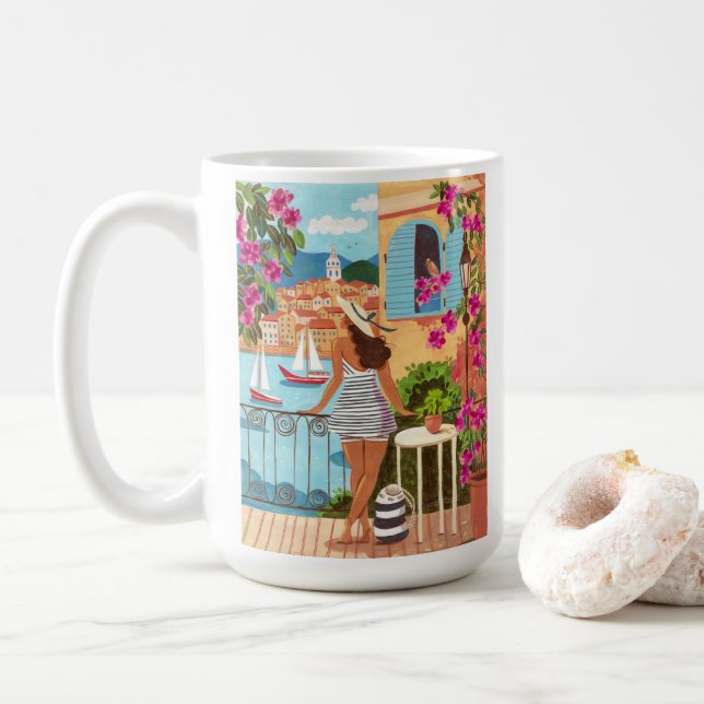 Taza De Café Mediterranean Balcony Illustration Coffee (Con donut)