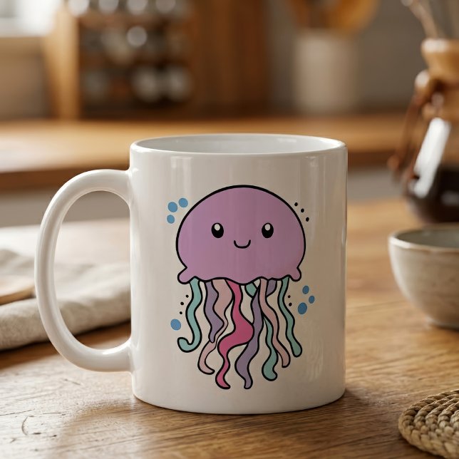 Taza De Café Medusa bebé Kawaii sonriente con burbujas (Cute smiling Kawaii Baby Jellyfish with Bubbles. Coffee Mug)